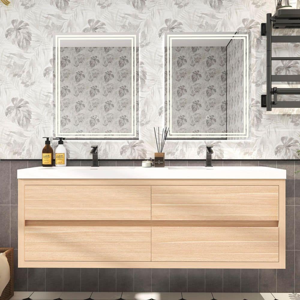 Louis 59 in. W x 20 in. D x 22 in. H Double Sink Floating Bath Vanity in Champagne Oak with White Acrylic Top price history on PriceWatchPro