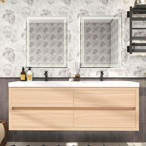 Louis 59 in. W x 20 in. D x 22 in. H Double Sink Floating Bath Vanity in Champagne Oak with White Acrylic Top