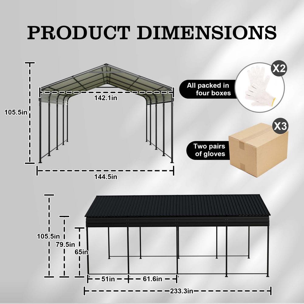 12' x 20' Gray Metal Arch Roof Carport