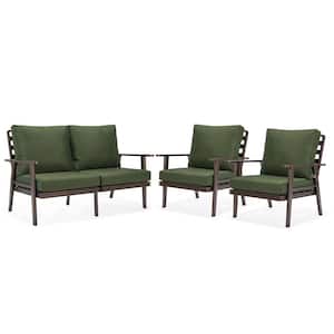 Walbrooke Brown 3-Piece Aluminum Patio Set with Removable Green Cushions Loveseat and Armchairs (Set of 2)