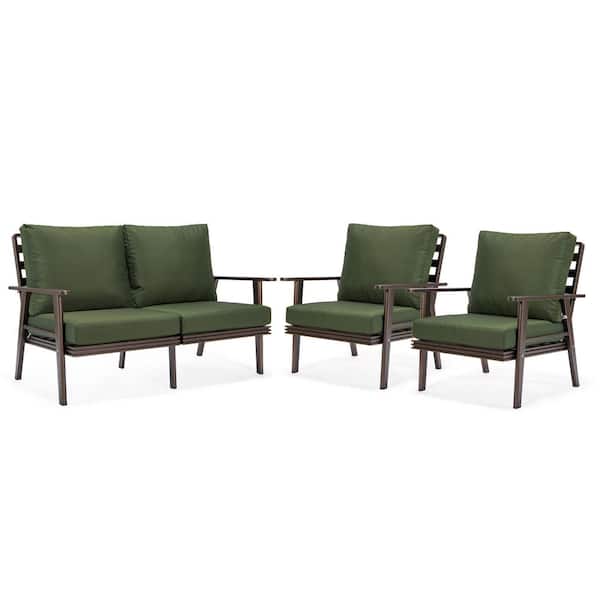 Leisuremod Walbrooke Brown 3-Piece Aluminum Patio Set with Removable Green Cushions Loveseat and Armchairs (Set of 2)