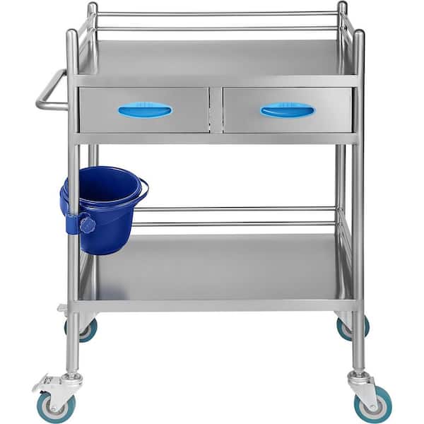 Lab Serving Cart, 2 Layers Stainless Steel Utility Rolling Cart, Medical Cart with Two Drawers, Kitchen Cart Silver