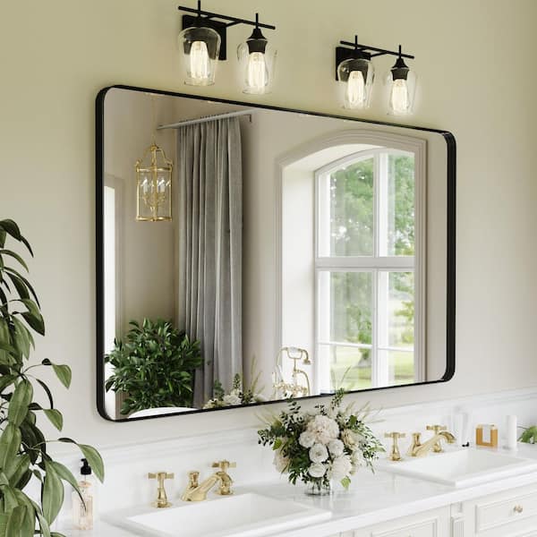 59 in. W x 36 in. H Rectangular Rounded Corner Aluminum Framed Wall Mounted Bathroom Vanity Mirror in Black