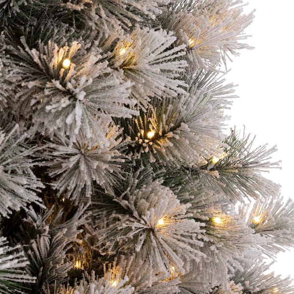 HOMESTOCK 7.5 ft Frosted Snow Flocked Prelit Slim Artificial Christmas Tree  with 1102 Branch Tips, 350 Warm Lights and Metal Stand 65512 - The Home  Depot