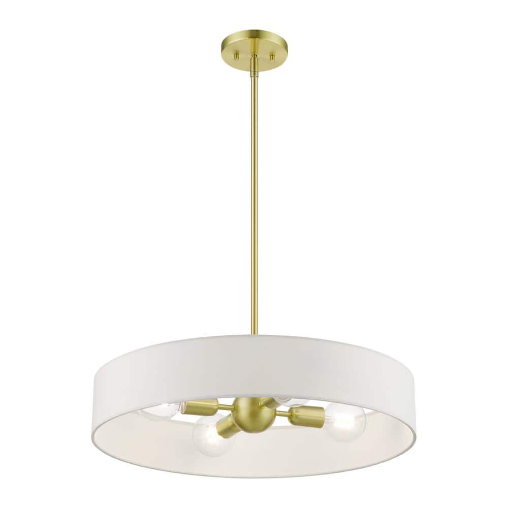 Satin Brass 22" Drum Pendant with Off-White Fabric Shade