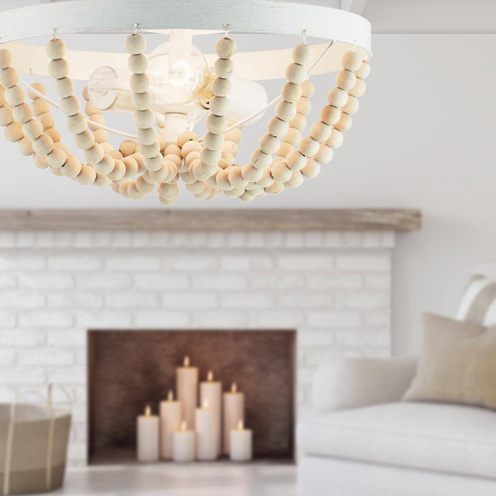 Bohemian 17" White Glass Bowl Semi-Flush Mount with Wooden Beads
