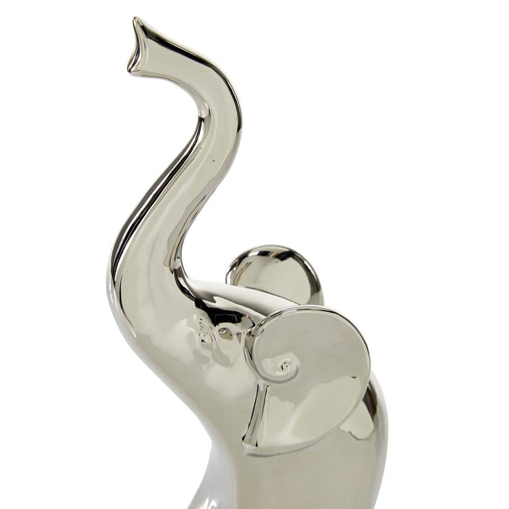 Silver Porcelain Elephant Statue Set with Polished Finish