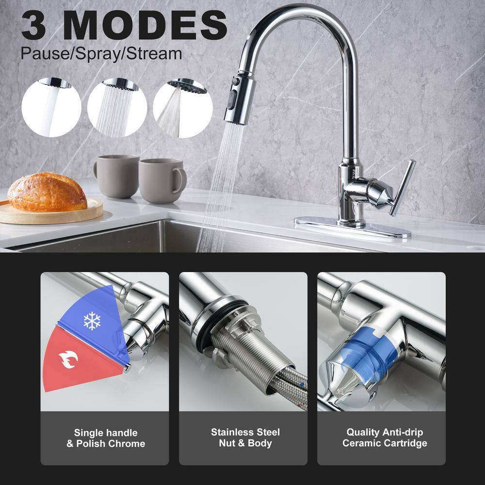 Polished Chrome Stainless Steel Pull Down Kitchen Faucet with Soap Dispenser