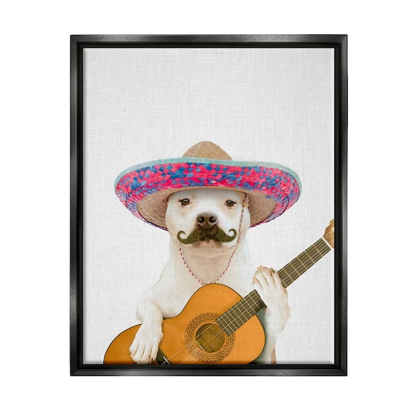 The Stupell Home Decor Collection White Pit Bull Dog Playing Guitar Mustache Sombrero by Tai Prints Floater Frame Animal Wall Art Print 31 in. x 25 in.
