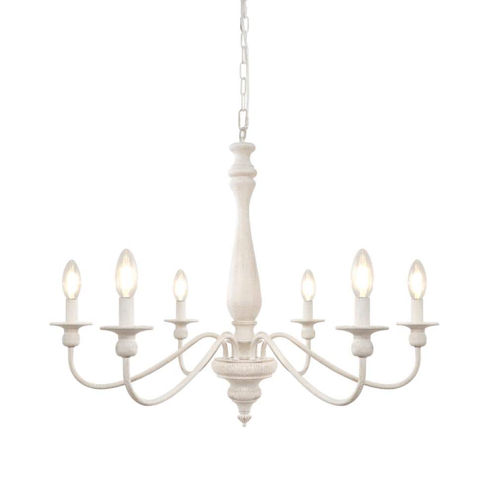34 in. 6-Light White French Country Distressed Farmhouse Candlestick Chande