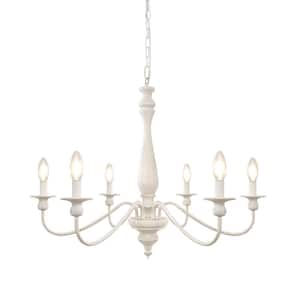 34 in. 6-Light White French Country Distressed Farmhouse Candlestick Chandelier for Dining Room Entrance Kitchen Island