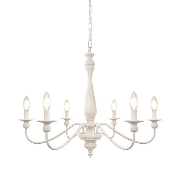Unbranded 34 in. 6-Light White French Country Distressed Farmhouse Candlestick Chandelier for Dining Room Entrance Kitchen Island