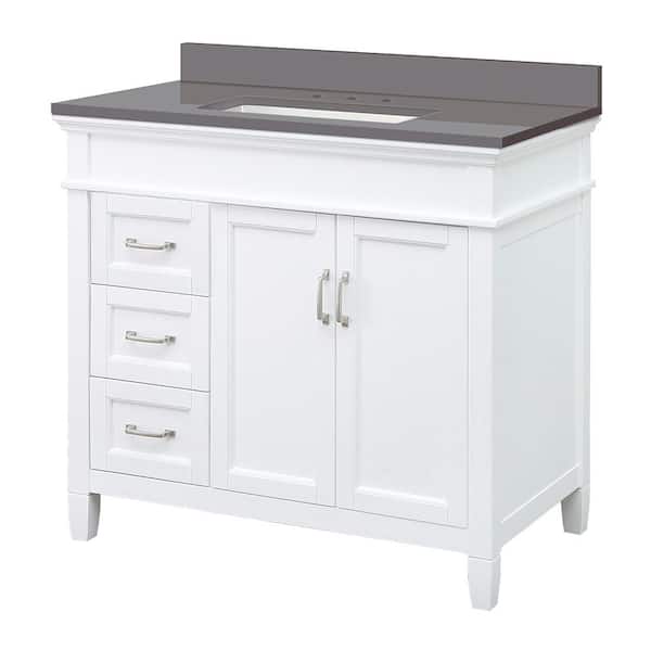 Home Decorators Collection Ashburn 37 in. W x 22 in. D x 35 in. H Single Sink Freestanding Bath Vanity in White with Gray Engineered Stone Top