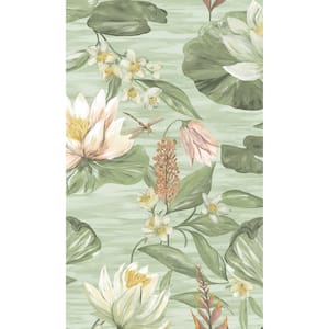 Green Painted Waterlily Floral Printed Non-Woven Paper Non Pasted Textured Wallpaper 57 Sq. Ft.