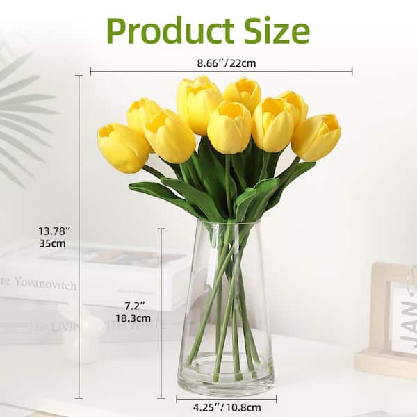 13.78 in. Yellow Silk Tulip Bouquet in Clear Glass Vase-Artificial