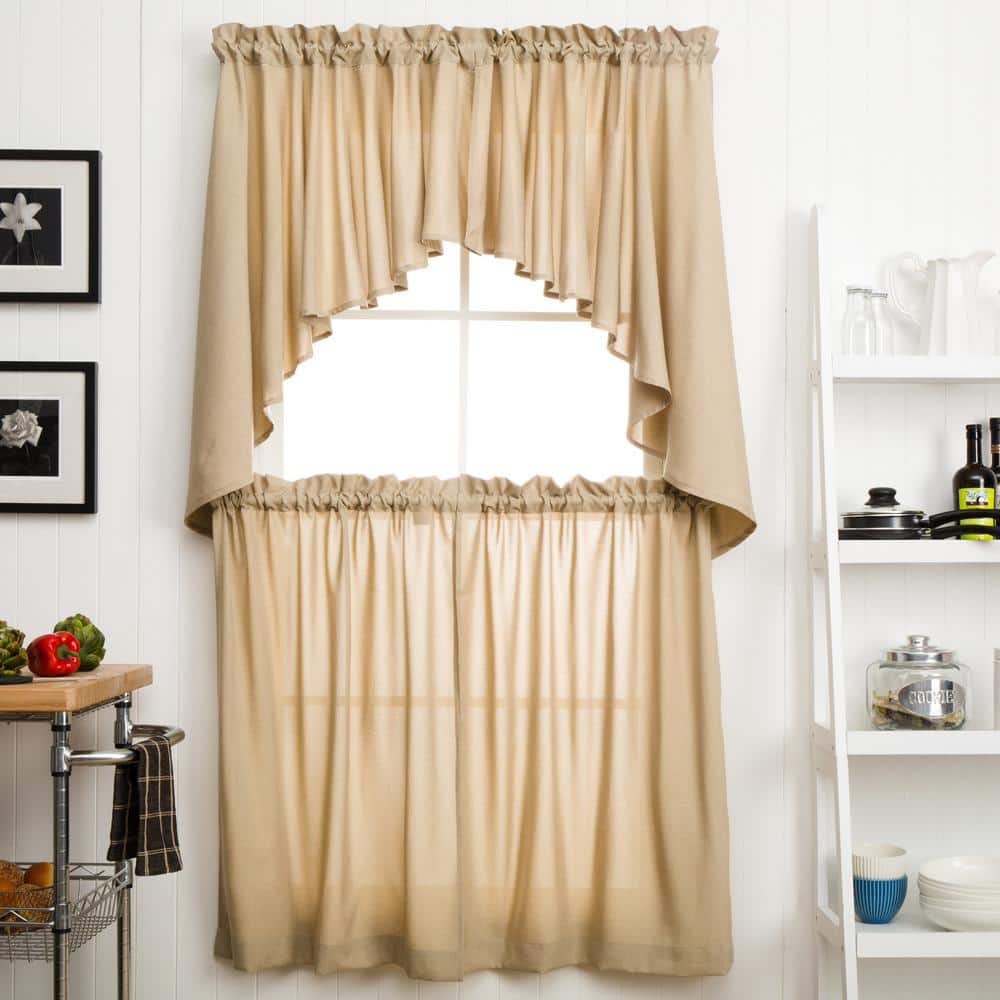 Beige Polyester Textured Tier Curtain Pair 57" x 24"