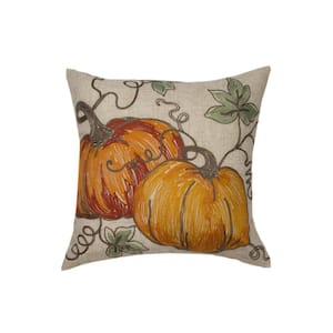 14 in. x 14 in. Rustic Pumpkin Crewel Embroidered Fall Pillow