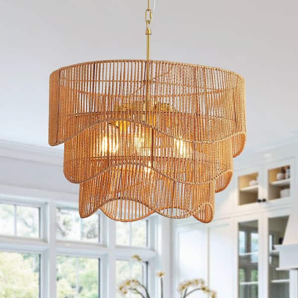 Boswel 60-Watt 7 Light Retro Style 3-Tier Rattan Gold Pendant Light for Kitchen Island, Dinning Room, No Bulbs Included