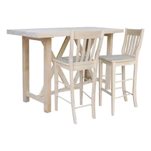 3-Piece Set - Unfinished 72 in. Solid Wood Bar Table with 2-Bar Stools