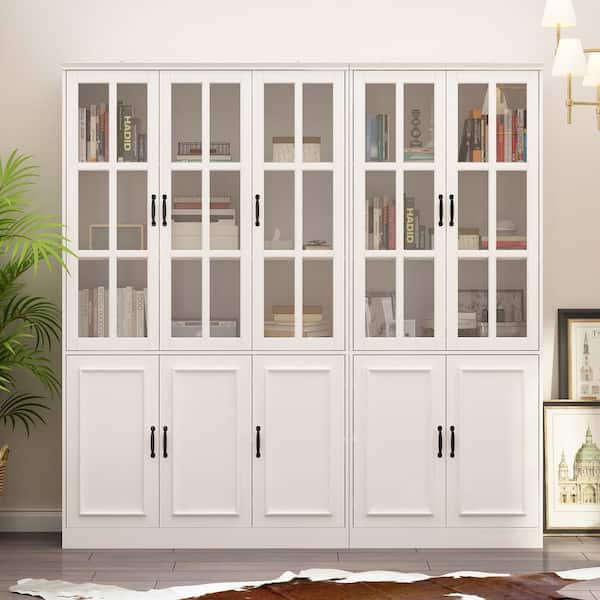 FUFU&GAGA 78.7 in. Tall 2-in-1 Wood White Accent Bookcase 12-Shelf Bookshelf with Doors, Adjustable Shelves