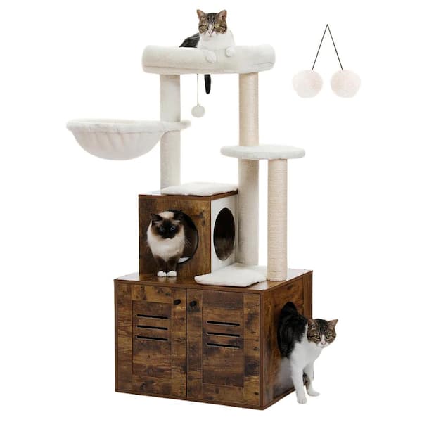 ATENGNES 50 in. Brown Wood Cat Condo with Litter Box Included-Modern Cat Tree