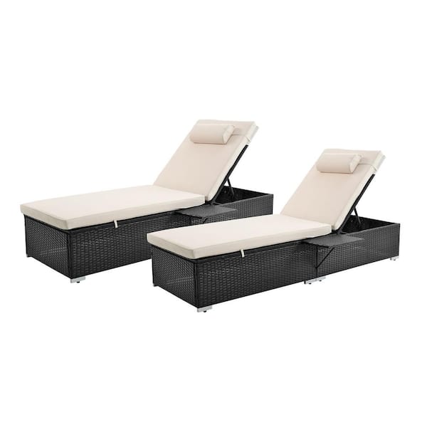Miscool Anky Coffee 2-Piece Wicker Outdoor Chaise Lounge with Begie Cushions, Folding Side Table and Head Pillows