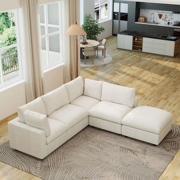 100 in. Square Arm 5-Piece Chenille L-Shaped Modualr Sectional Sofa with Detachable Covers, Ottoman in. Beige for Office