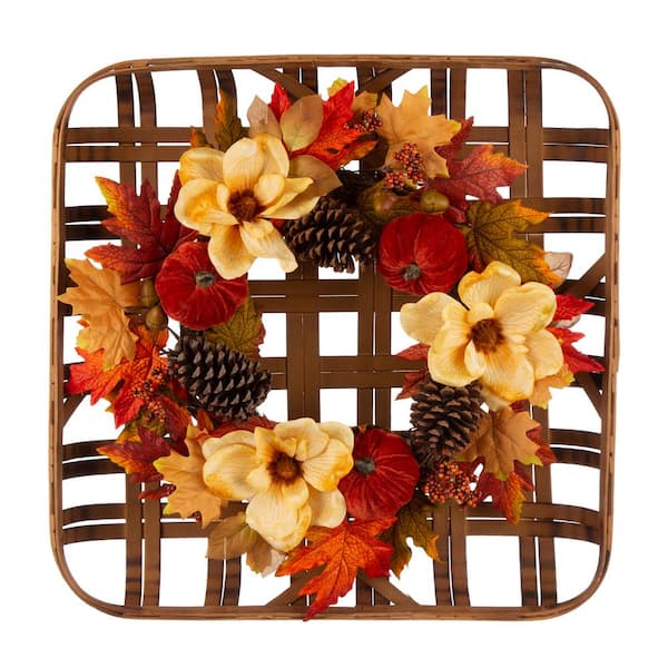 Glitzhome 24 in. L Bamboo Tobacco Basket with 22 in. D Blooming Magnolia Wreath
