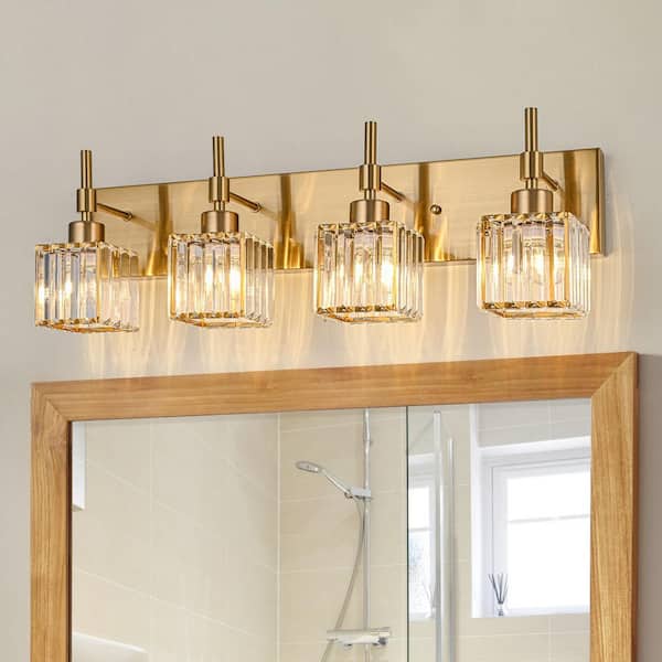 LLHZSY Schonbek 26 in. 4-Light Gold Dimmable Bathroom Vanity Light with Crystal Shades