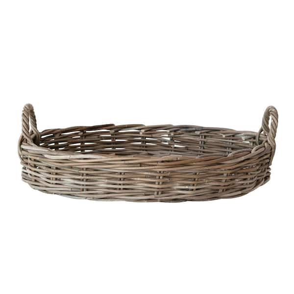 Gray Washed Oval Hand-Woven Rattan Decorative Tray with Handles