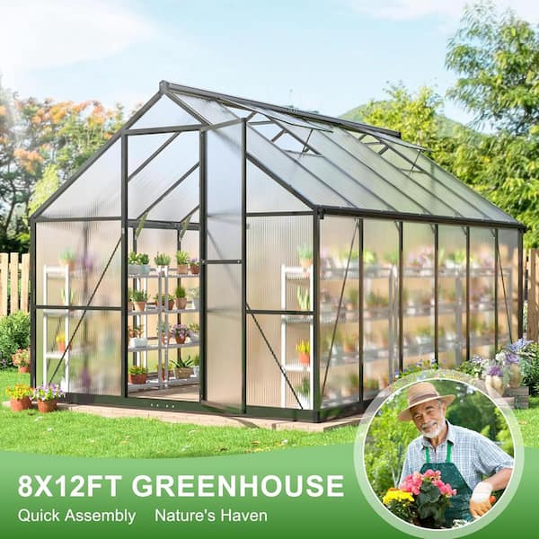 VIWAT 8 ft. W x 12 ft. D Polycarbonate Walk-in Greenhouse For