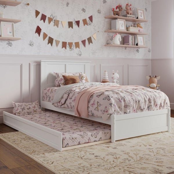 Felicity White Solid Wood Frame Twin Platform Bed with Panel Footboard and Twin Trundle
