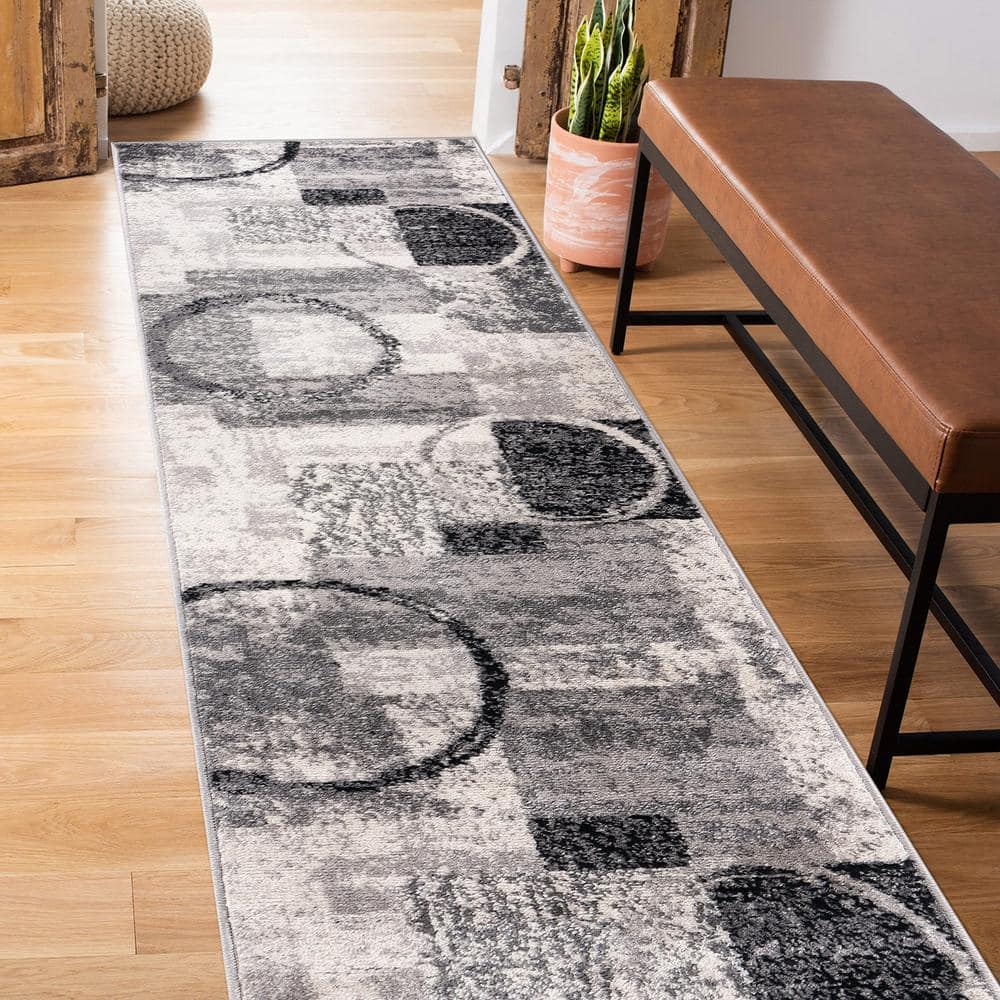 Cream and Gray Abstract Synthetic Runner Rug 2'x7'