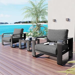 High End 3-Piece Black Aluminum Patio Conversation Set with Thick Gray Olefin Cushions