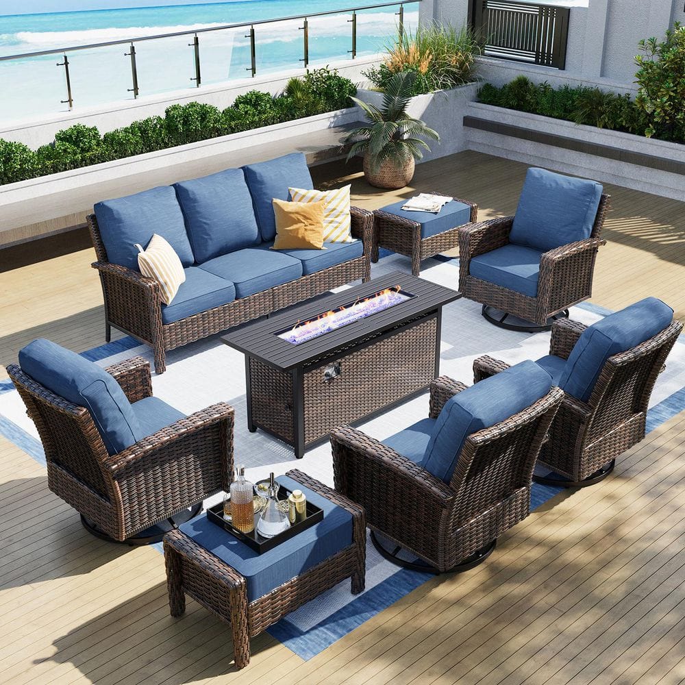 Brown 8-Pieces Metal Patio Rectangle Fire Pit Conversation Set with Swivel Sofa Chairs, Fire Pit Table and Blue Cushion price history on PriceWatchPro