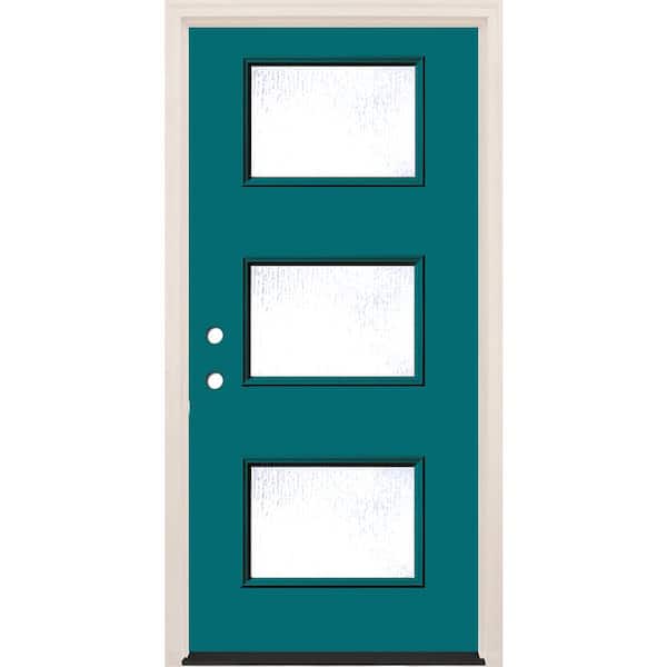 Builders Choice 36 in. x 80 in. Right-Hand/Inswing 3-Lite Rain Glass Reef Painted Fiberglass Prehung Front Door w/4-9/16 in. Frame