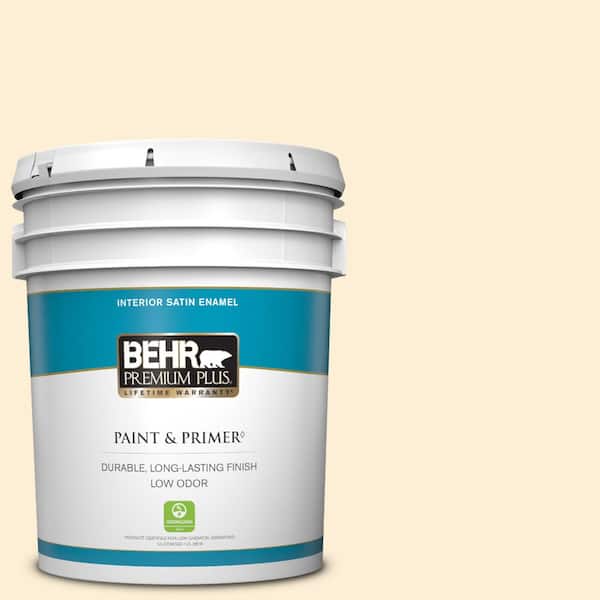 BEHR PREMIUM PLUS 5 gal. #310A-1 Ivory Invitation Satin Enamel Low Odor Interior Paint & Primer