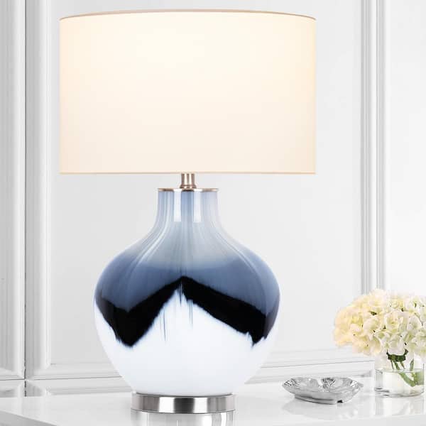 Rottogoon 25 in. Modern Blue and White Table Lamp, Large Glass Bedside Lamp with Fabric Shade for Living Room Bedroom Decor