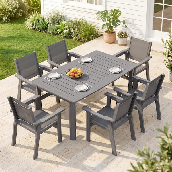 Livewood 7-Piece HDPE Textilene Rectangular Plastic Outdoor Dining