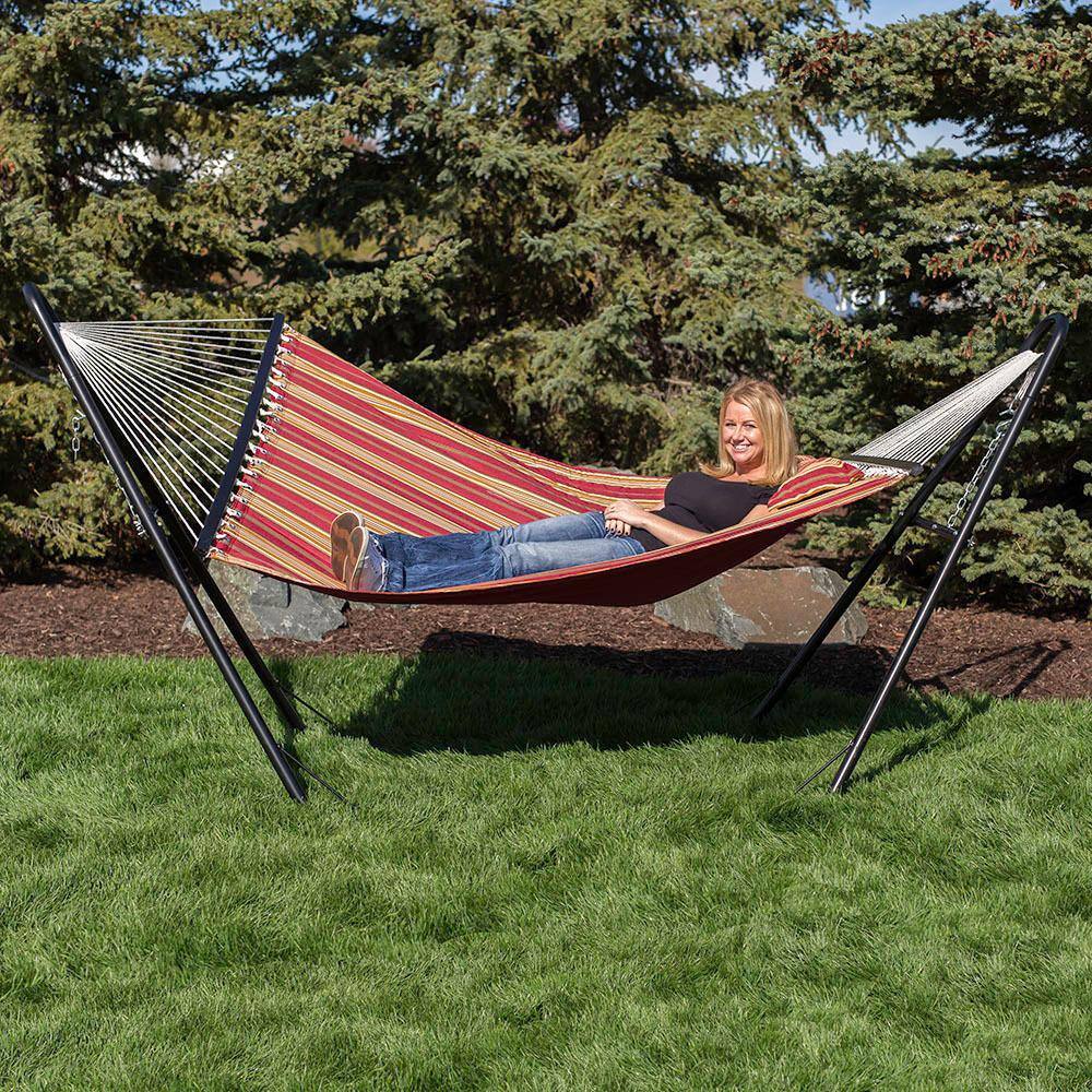 Red Striped Double Quilted Fabric Hammock with Steel Stand