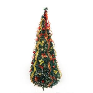 6 ft. Green Pre-Lit LED Decorated Slim Holly Leaf Artificial Christmas Tree with 200 Constant Warm White Light and Stand