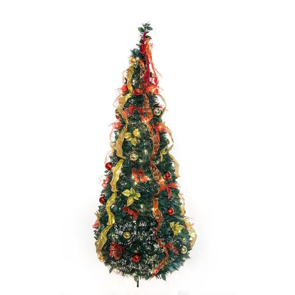 MERRILY 6 ft. Green Pre-Lit LED Decorated Slim Holly Leaf Artificial Christmas Tree with 200 Constant Warm White Light and Stand