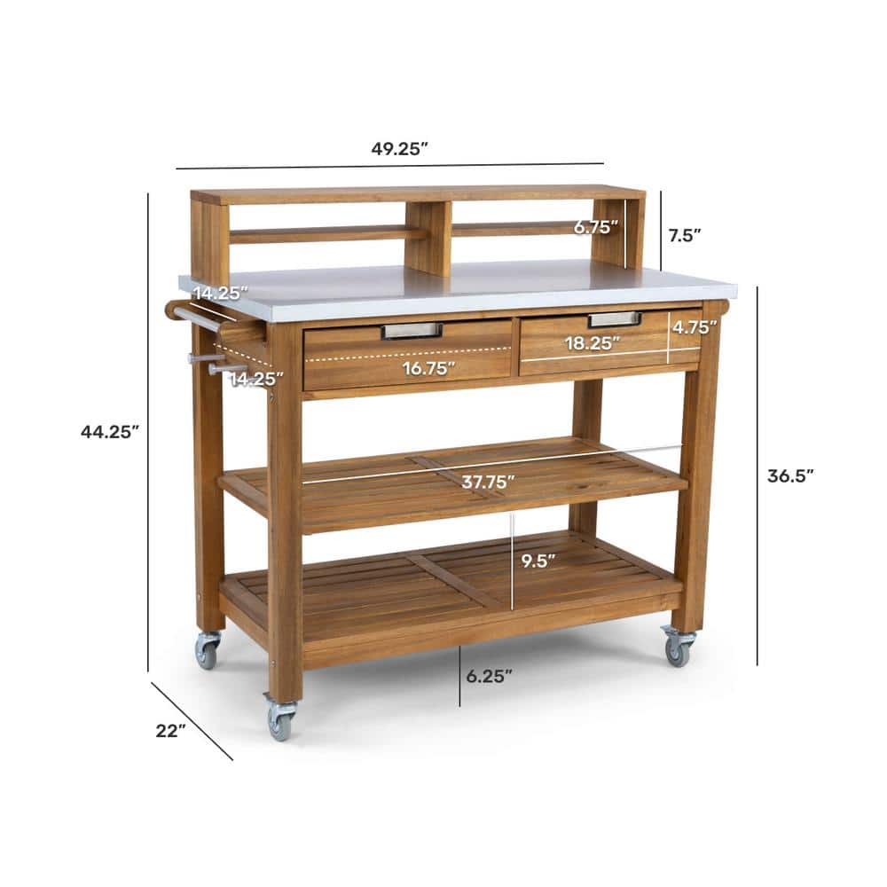 Maho Golden Teak Acacia Wood Potting Bench with Stainless Steel Top