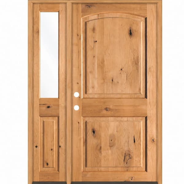 46 in. x 80 in. Knotty Alder 2-Panel Arch-Top Right-Hand/Inswing Clear Glass Cedar Stain Wood Prehung Front Door LHSL