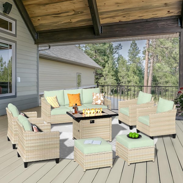 HOOOWOOO Oconee Beige 8-Piece Modern Outdoor Patio Conversation Sofa Set with a Rectangle Fire Pit and Mint Green Cushions