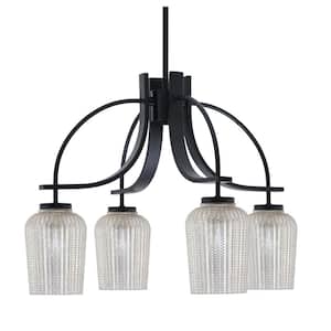 Olympia 16.75 in. 4-Light Matte Black Downlight Chandelier Silver Textured Glass Shade