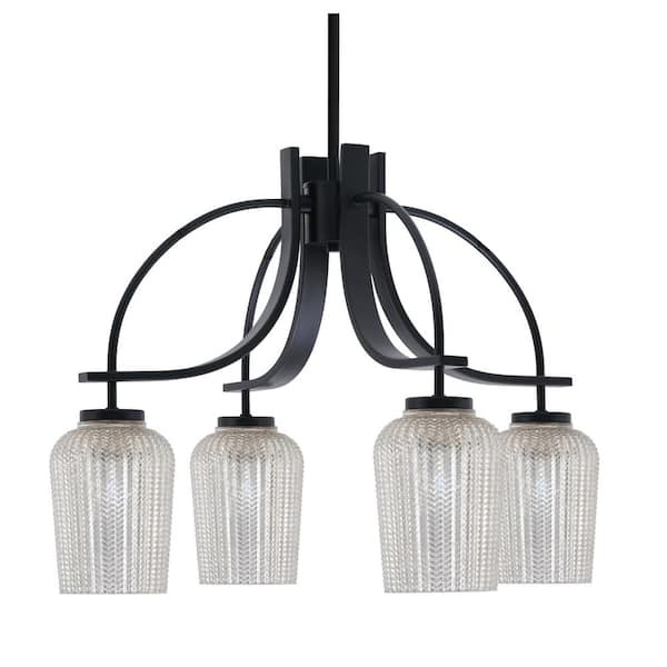 Unbranded Olympia 16.75 in. 4-Light Matte Black Downlight Chandelier Silver Textured Glass Shade