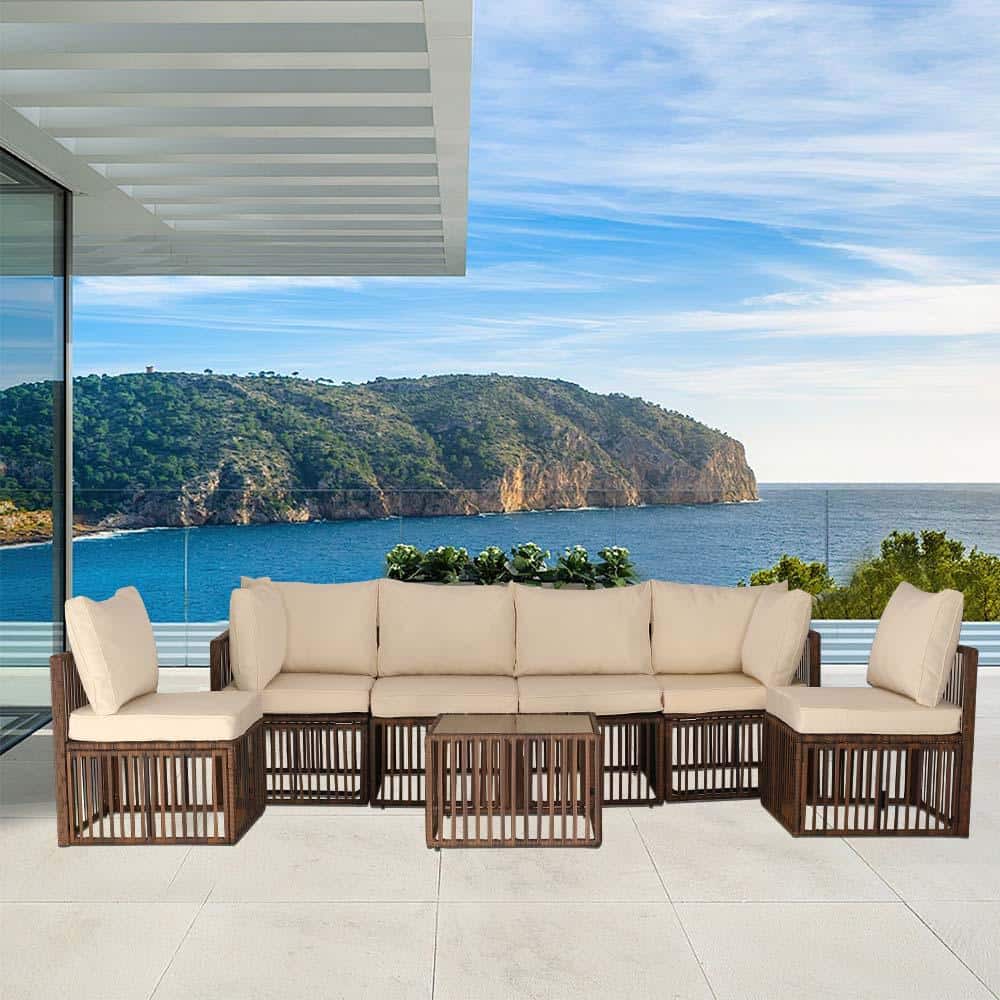 Brown 7-Piece Wide Wicker Patio Outdoor Sectional Sofa Set with Beige Cushi