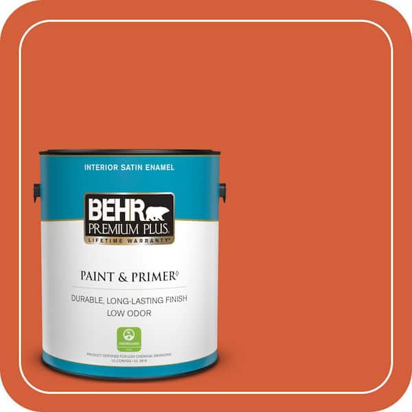 BEHR PREMIUM PLUS 1 gal. #S-G-220 Sweet Mandarin Satin Enamel Low Odor Interior Paint & Primer