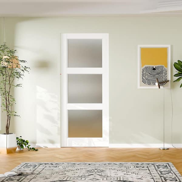 32 in. x 80 in. 3-Lite, Frosted Glass, Solid Core, DIY Painted, White Primed, MDF Sliding Door with All Hardware